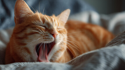AI orange cat yawning softly on a cozy blanket indoors in a warm, relaxed setting during the morning