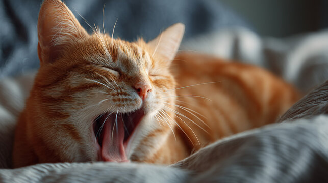 AI orange cat yawning softly on a cozy blanket indoors in a warm, relaxed setting during the morning