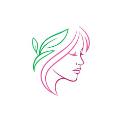 Minimalist line art of a woman's face in profile, with stylized hair and a green leaf accent.