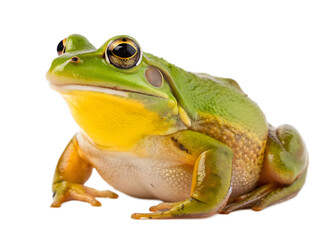 Obraz premium Green tree frog sitting isolated on transparent background, front view, close up