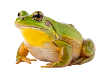 Green tree frog sitting isolated on transparent background, front view, close up