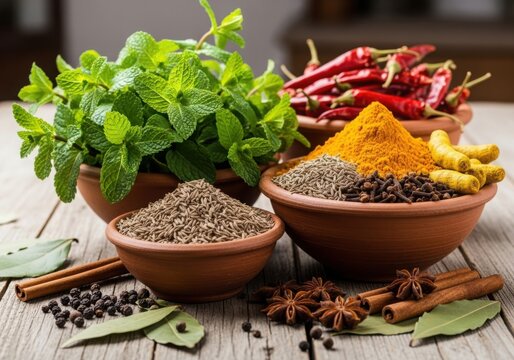 Aromatic spices and fresh herbs including mint, chili peppers, turmeric, and cumin