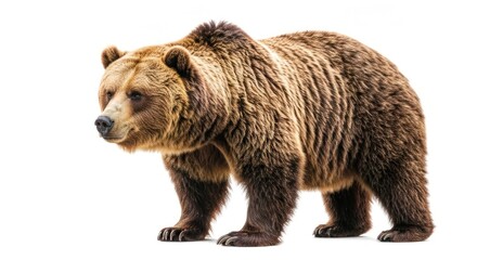Fototapeta premium Brown bear, side profile, standing against a white background, fur detailed