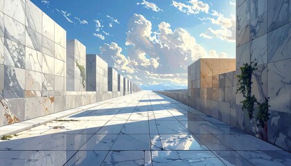 A sunlit, architectural pathway of gleaming white stone with rectangular structures on either side, stretching towards a distant, cloud-filled sky