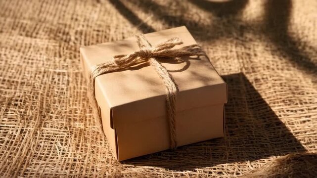 A small, wrapped gift box tied with twine sits on a textured burlap surface. The scene is warm and inviting, suggesting a festive atmosphere.