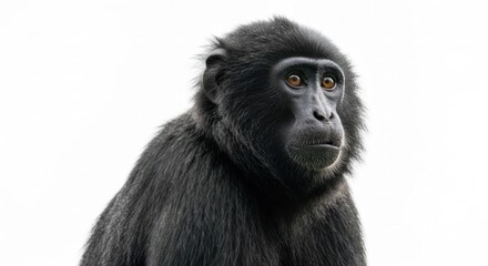 Obraz premium Close-up of a black macaque, looking left with amber eyes, on white background
