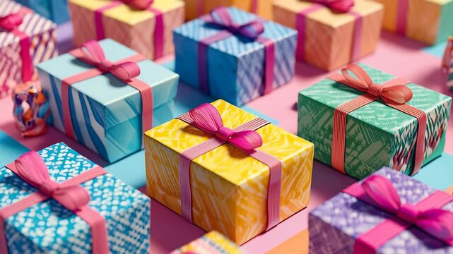 Colorful background of wrapped gifts with pink ribbons for a happy birthday celebration.