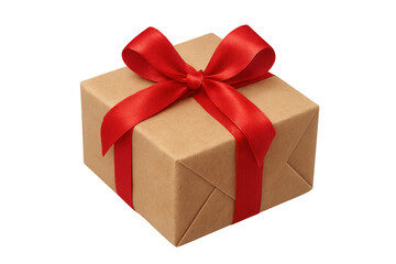 Fototapeta premium Brown paper gift box tied with red ribbon and bow, symbolizing holidays, celebrations, and festive giving