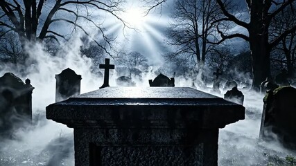 Eerie cemetery at dawn with fog rolling over tombstones and crosses silhouetted against dramatic sun rays breaking through bare trees a haunting atmospheric scene - Powered by Adobe
