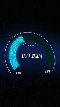 HUD interface shows Estrogen hormone levels rising from low to normal range, measuring estradiol levels, female reproductive health metric display, diagnostic digital gauge animation. Copy space.