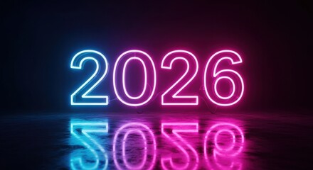Bright neon 2026 numbers glowing in blue and pink light reflecting