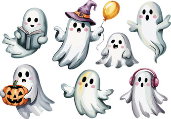 Cute watercolor ghost illustration set, adorable halloween spirit characters with pumpkin, hat, balloon, and book, pastel spooky artwork