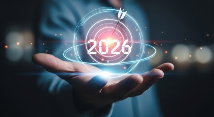Futuristic digital display of the year 2026 held in a person s hand