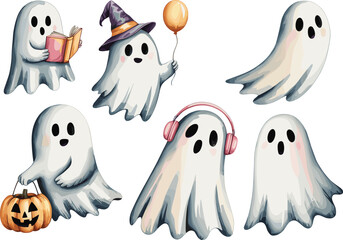 Cute watercolor ghost illustration set, adorable halloween spirit characters with pumpkin, hat, balloon, and book, pastel spooky artwork