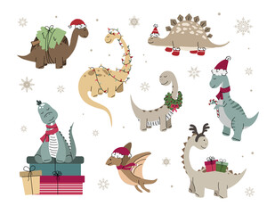 Cute Christmas Dinosaurs Clipart Set