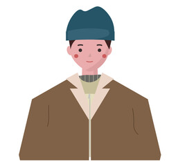 笑顔の冬服を着た男性。ダッフルコートを羽織る男性。温かい服。ベクターイラスト