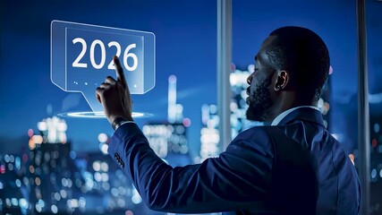 Black Businessman touching futuristic transparent screen showing 2026 over city skyline at night, symbolizing innovation, business forecast, technology, and strategic planning for new goals. - Powered by Adobe
