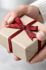 Close-up of hands holding small gift box tied with red ribbon, minimal Christmas or Valentine’s present concept