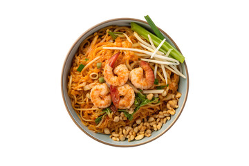 Delicious pad thai noodle dish with shrimp and fresh garnishes isolated on transparent background