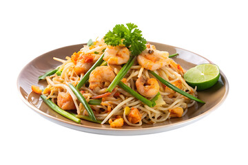 Delicious pad thai noodles with shrimp vegetables and lime wedge isolated on transparent background