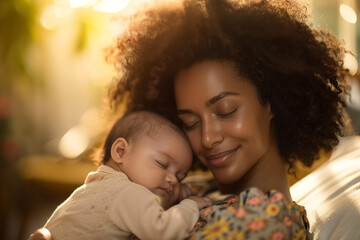 A beautiful biracial mother lovingly cradles her precious newborn, their strong bond shining through in gentle and affectionate moments they spend together, creating a heartwarming and intimate connec