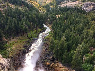Aerial view of Nevada Falls and river flowing through a forest, Yosemite National Park, California, USA