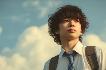 Closeup portrait of a young japanese student with curly hair, looking up thoughtfully against a blue sky