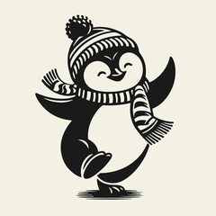 Black and white flat vector illustration of a dancing penguin wearing a winter scarf and hat. Festive Christmas character for holiday designs and decorations.