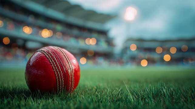 Red leather cricket ball resting on lush green grass with blurred stadium and lights in the background during an outdoor sports event at dusk