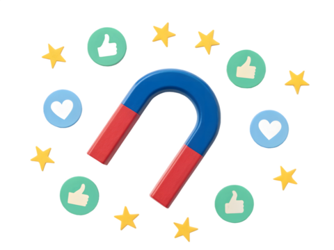 Blue horseshoe magnet attracting likes and hearts isolated on transparent background