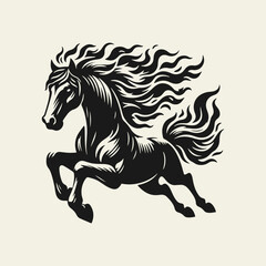 Black and white flat vector illustration of a galloping horse with a fiery mane and tail. Dynamic burning symbol for 2026 designs, logos and decorations.