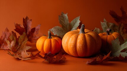 Pumpkins and autumn leaves on orange background