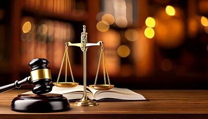 Warm lighting, books, an office desk, a wooden gavel, and golden scales of justice