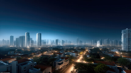 Fototapeta premium Panoramic view of modern city skyline at night with illuminated buildings, high rise towers, and residential area below
