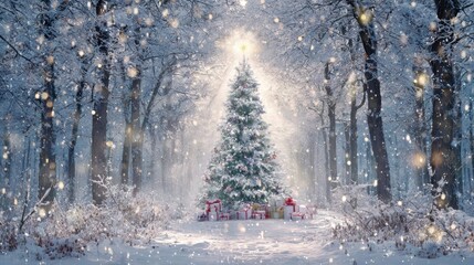 Magical Winter Scene with Christmas Tree and Snowy Forest Background