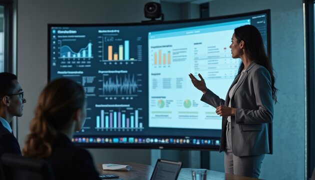 Business meeting. Woman presents data analytics to colleagues on big screen in office. Multiethnic team works at company strategy with graphs. Analytics informaton shown on display. Presentation of