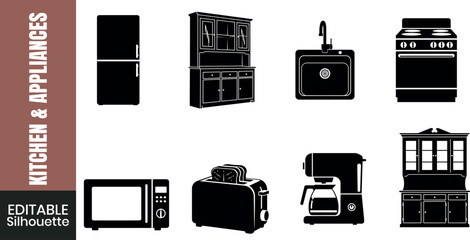 Collection of black silhouettes of kitchen appliances and furniture on a white background