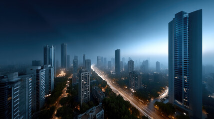 Panoramic view of modern city skyline with tall skyscrapers, illuminated streets, and urban buildings at dusk