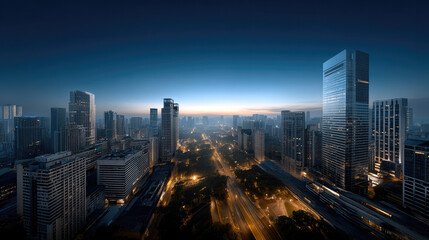 Obraz premium Panoramic view of modern city skyline at dusk with illuminated streets, tall glass buildings, and urban landscape atmosphere