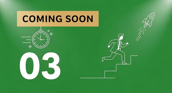 Photo of coming soon countdown with businessman running up stairs to launch rocket concept