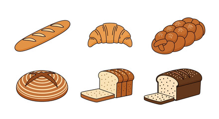 set of different kinds of bread vector art, flat design