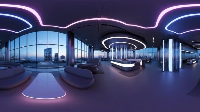 Futuristic city skyline panorama from modern lounge with neon lights