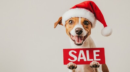 Happy dog wearing santa hat holding red sale sign, copy space
