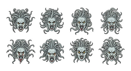 Angry medusa, medusa head vector, tattoo design serpent and medusa. © Koko