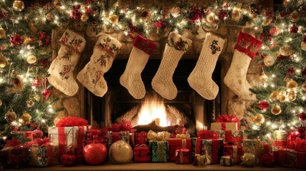 Cozy Fireplace with Christmas Stockings and Festive Decorations