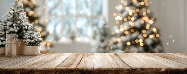 empty wooden table top with blurred bokeh light background for product display and decoration in a christmas theme concept, wide banner design.