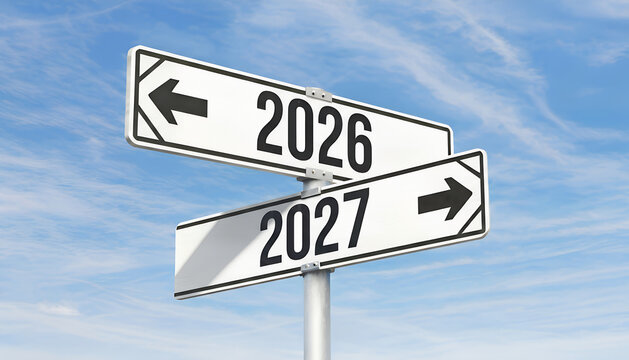 Future Direction: Street Signs Pointing to 2026 and 2027 Against a Cloudy Sky &ndash; A Concept of Choices, Change, and Progress	
