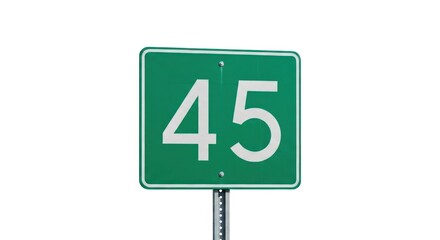 Green sign with white "45" on post, flat view against blank white sky background