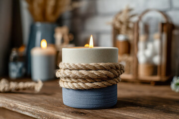 Rustic scented candle wrapped with natural rope on wooden table with warm glowing lights and cozy home decorations in background for ambient setting
