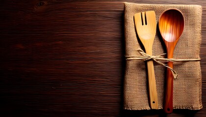 Burlap napkin with a wooden spoon and spatula set